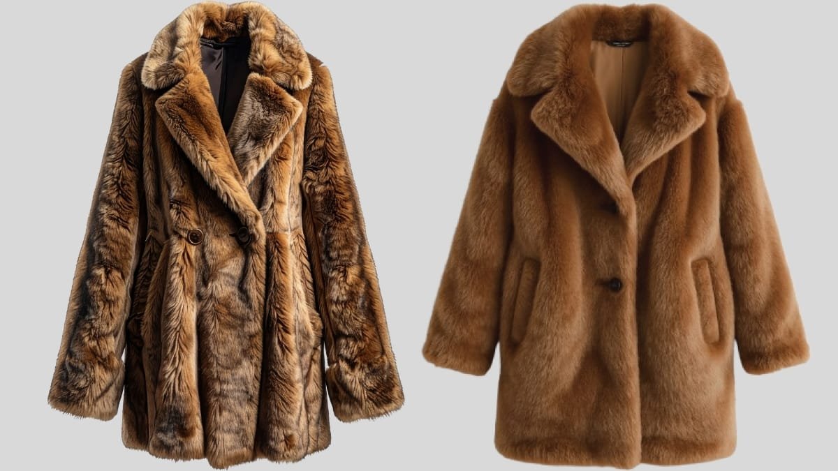 Two full-length faux fur coats, one in a multi-tonal brown textured pattern and one in a solid camel plush