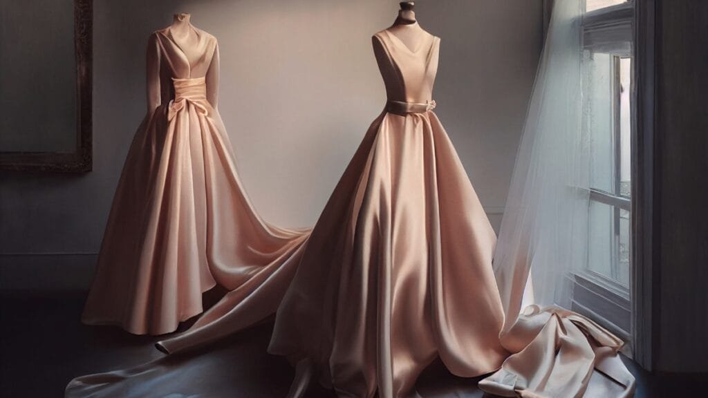 Elegant size 16 prom gowns in satin blush pink with flowing skirts