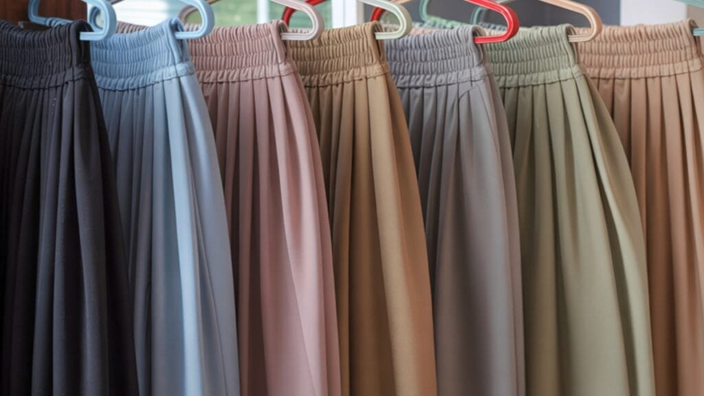 Colorful pleated skirts hanging on display, showcasing a variety of soft skirt fabrics