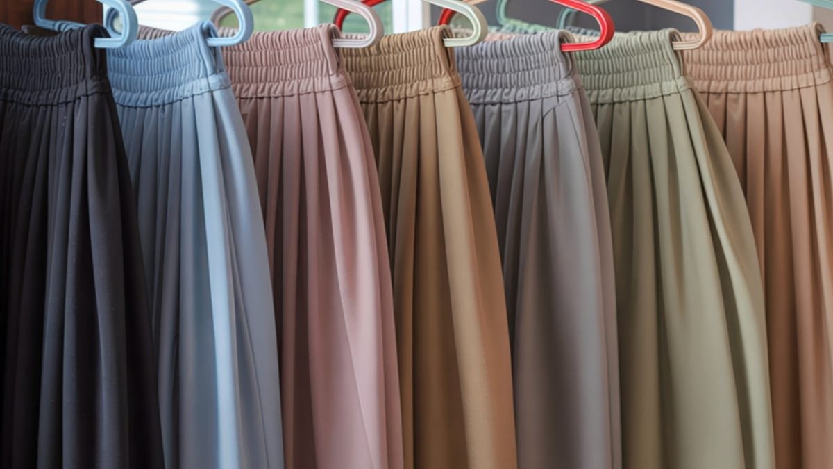 Colorful pleated skirts hanging on display, showcasing a variety of soft skirt fabrics