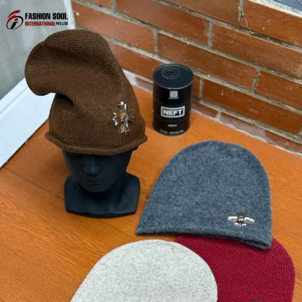 “Row of custom beanies on a production line at a Florida-based manufacturing facility.”