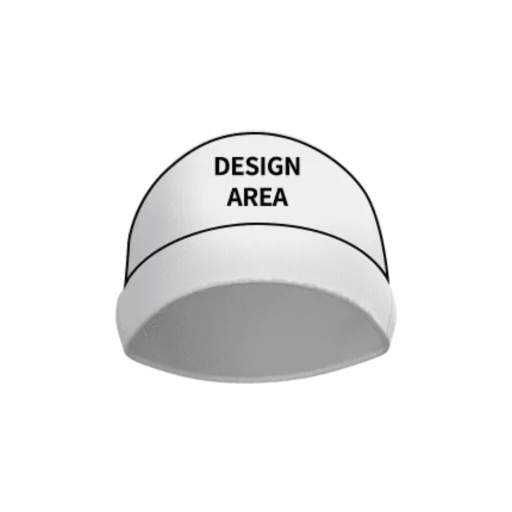 White beanie hat with the words DESIGN AREA on the front, shown from a low angle.