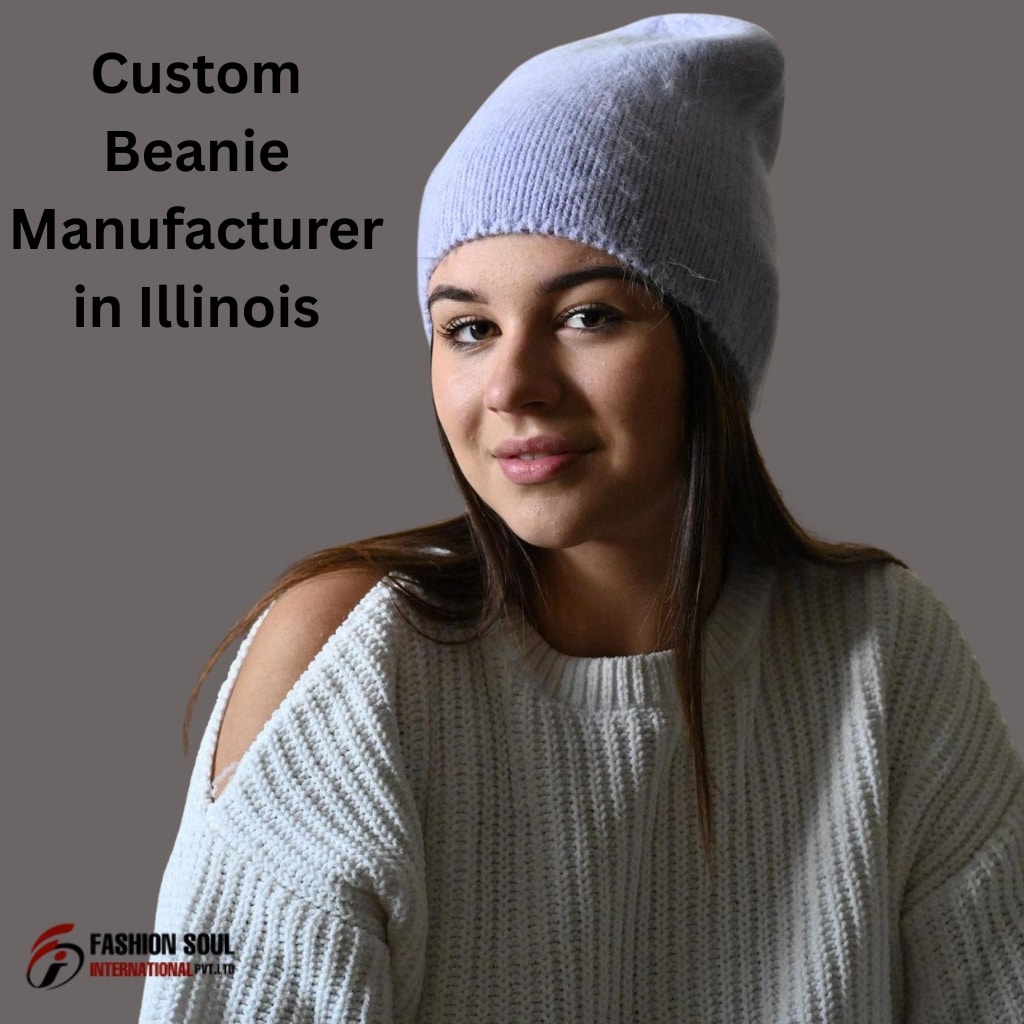 Close-up of a hand-stitching a custom beanie with a branded logo in a factory setting in Illinois.