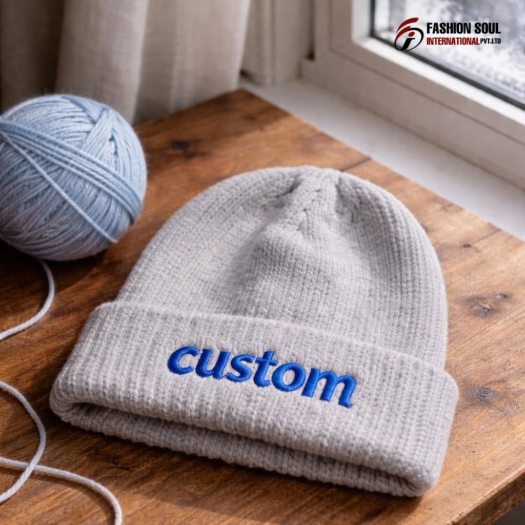 A storefront of a Michigan-based custom beanie manufacturer with knitting machines and colorful hats.