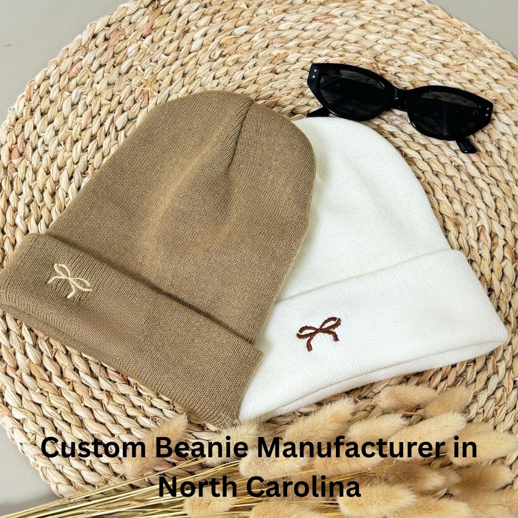 A worker stitching a custom beanie on a sewing machine in a North Carolina workshop.