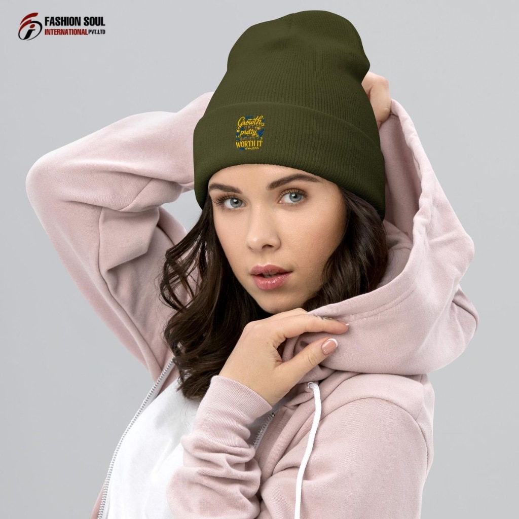 A storefront and workshop showing a beanie production line in Tennessee, with staff knitting and inspecting custom beanies.