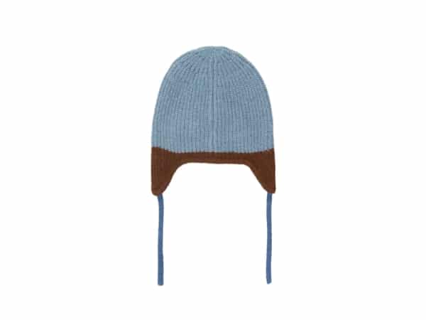 Light blue knit earflap beanie with brown earflap trim and long blue ties, viewed from the front against a white background.