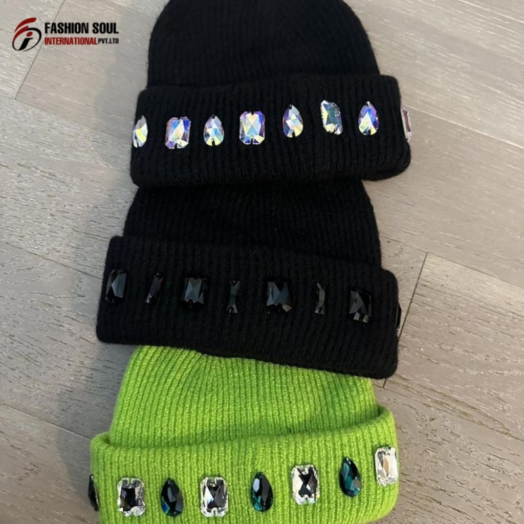 Interior of a Michigan beanie factory showing automated knitting machines producing branded beanies.