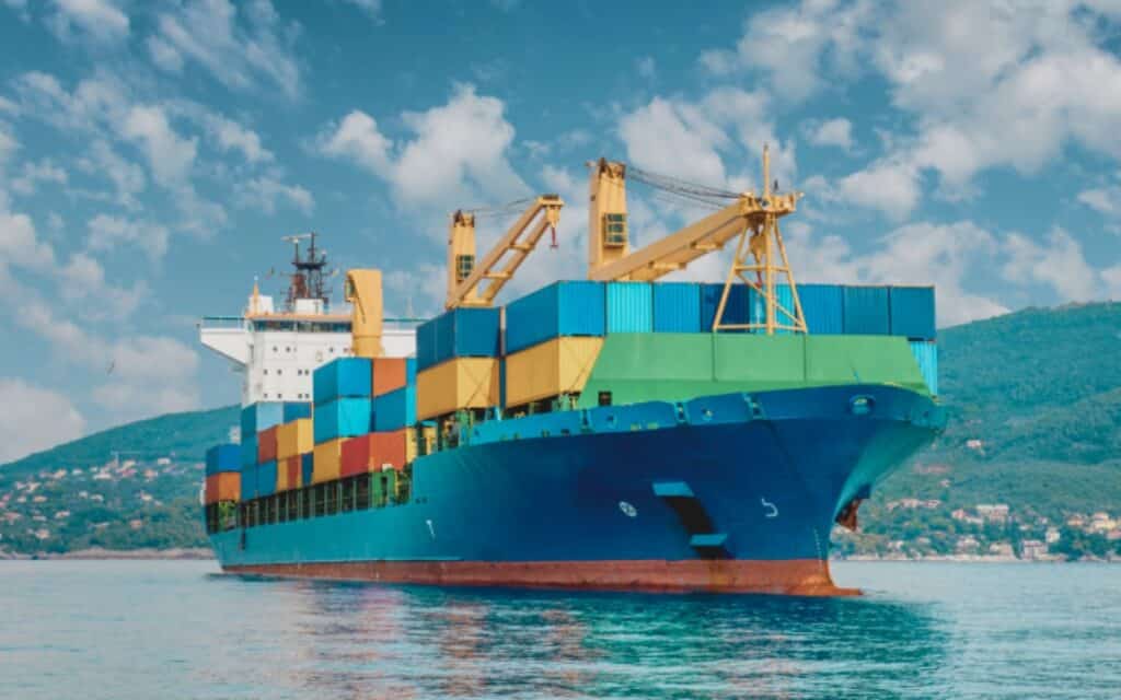 A large blue cargo ship sails on calm water, stacked with multicolored shipping containers, with two yellow cranes on deck and a hilly green coastline in the background.