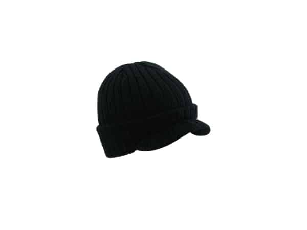 Beige ribbed knit skullcap hat with visible interior lining, angled slightly to the left against a white background.