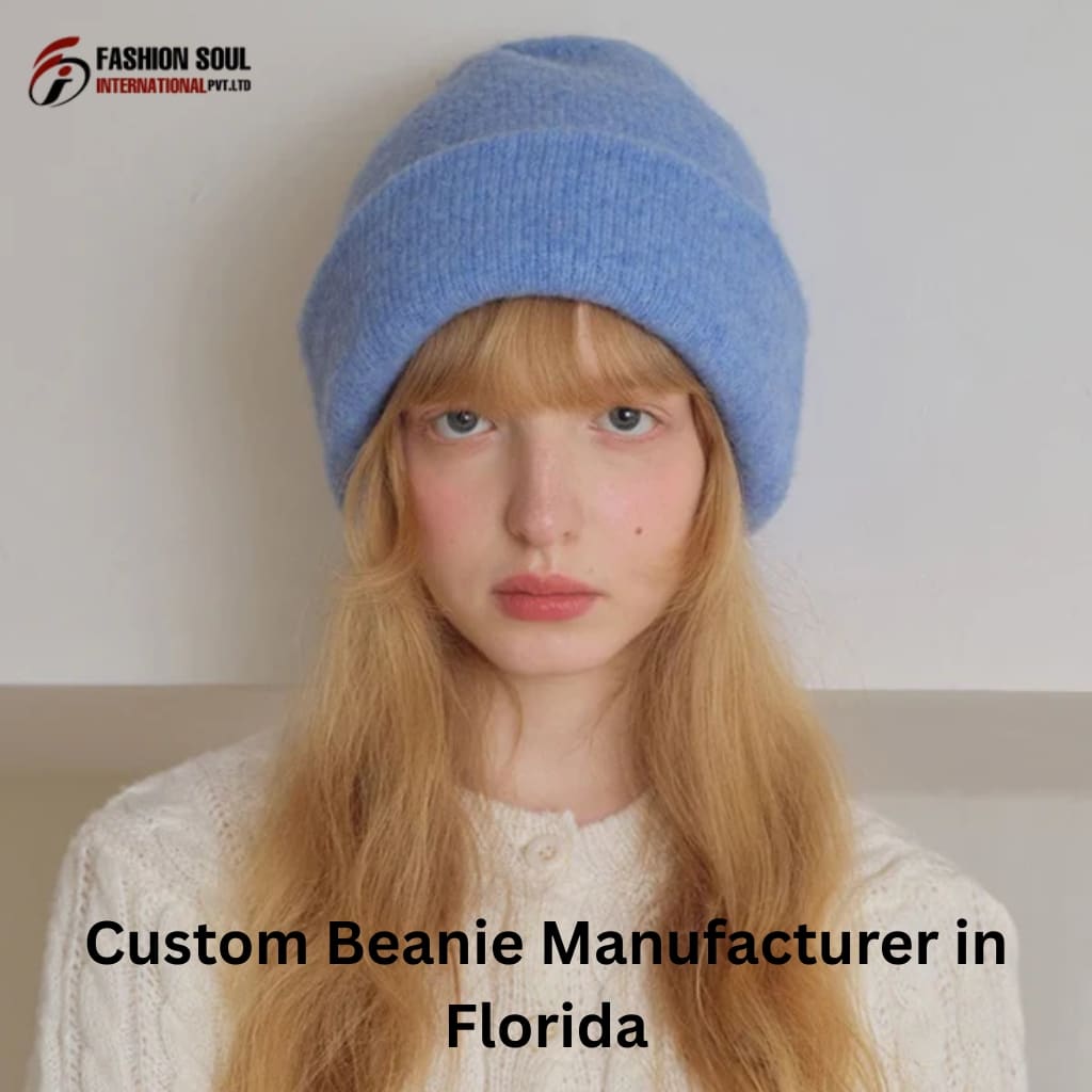 “Close-up of a hand embroidering a custom beanie with a Florida outline logo.”