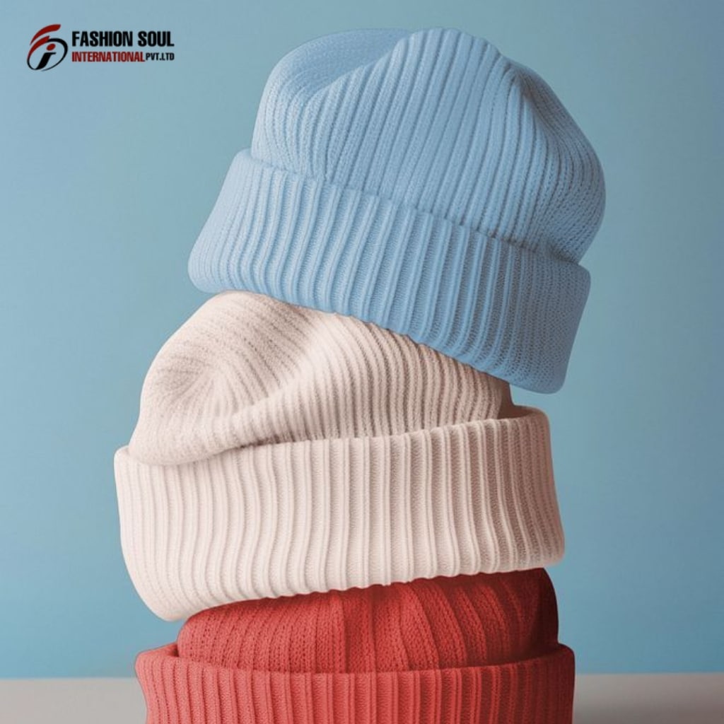 Row of embroidered beanies with unique logos, ready for shipping, in a Georgia manufacturing workshop.