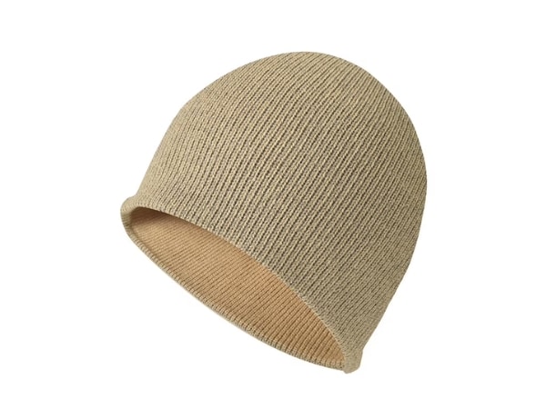 Beige ribbed knit skullcap with visible interior lining, angled slightly to the left against a white background.