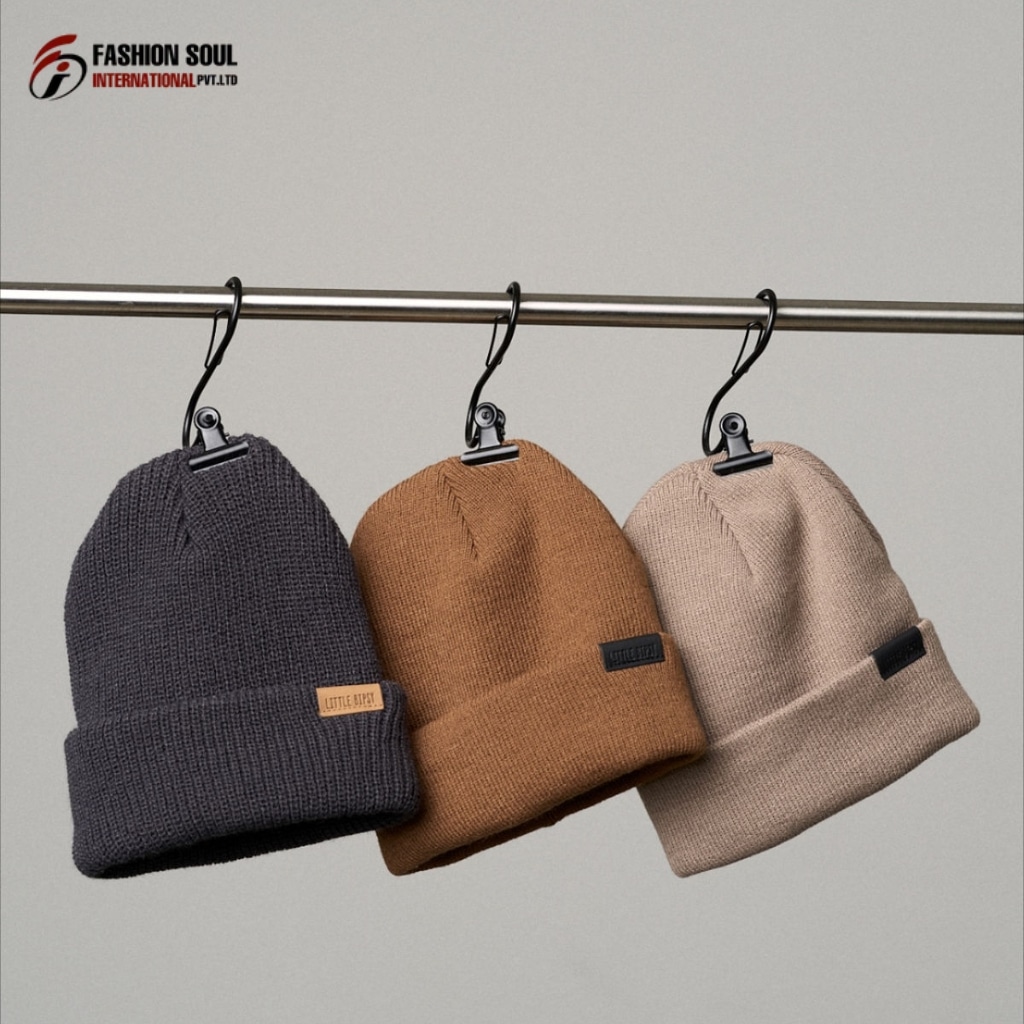 Close-up of a hand and needle stitching a colorful, custom beanie with a Georgia state flag pattern.