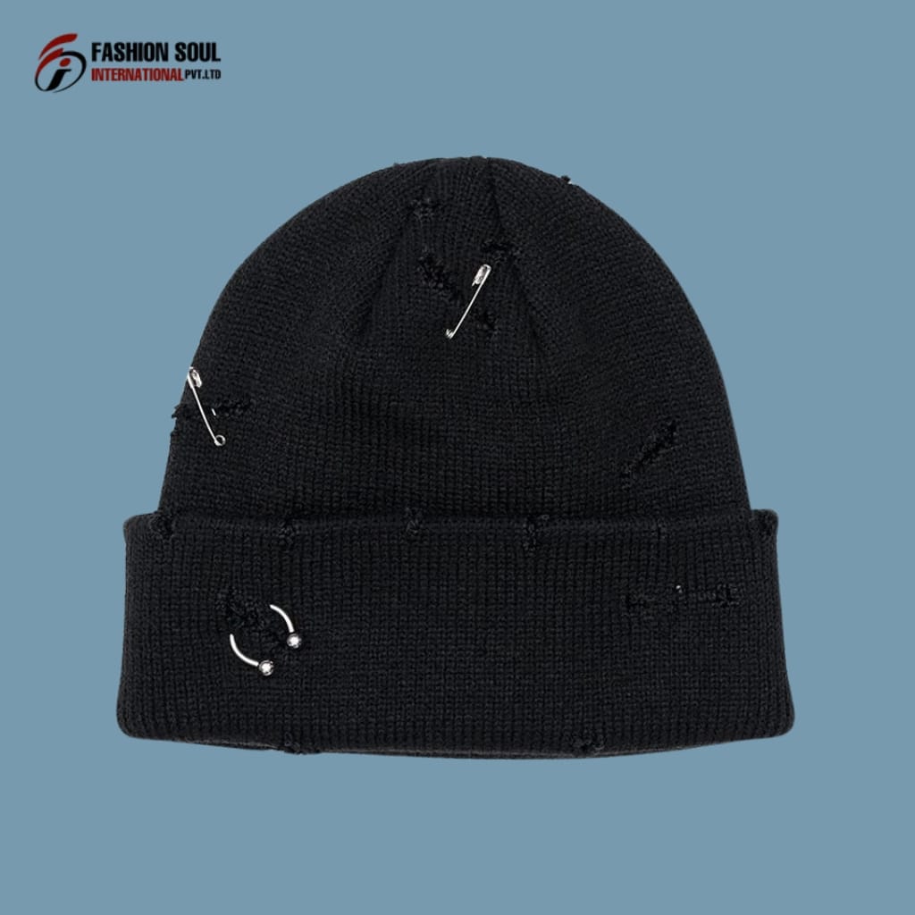 "Line of workers sewing and assembling custom beanies at a New York beanie manufacturer."