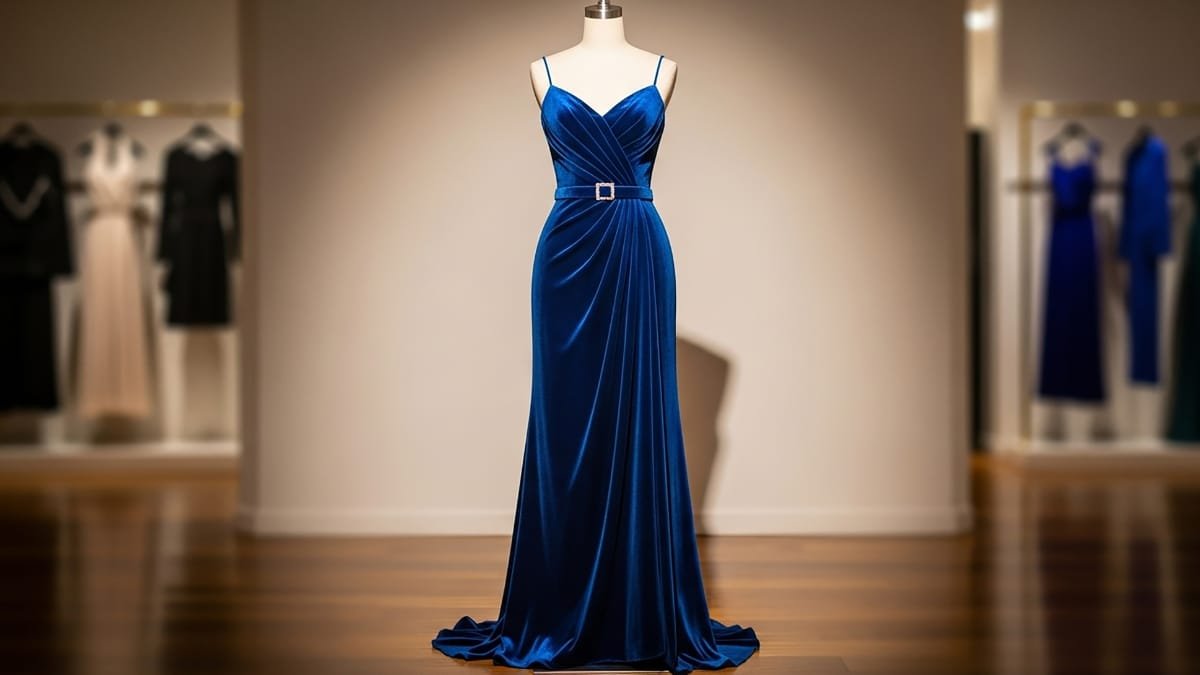 Elegant blue velvet evening dress on mannequin, showcasing perfect apparel sewing fabric
