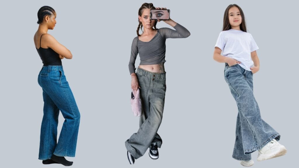 Three people showcasing different styles of baggy cargo jeans, representing diverse streetwear looks