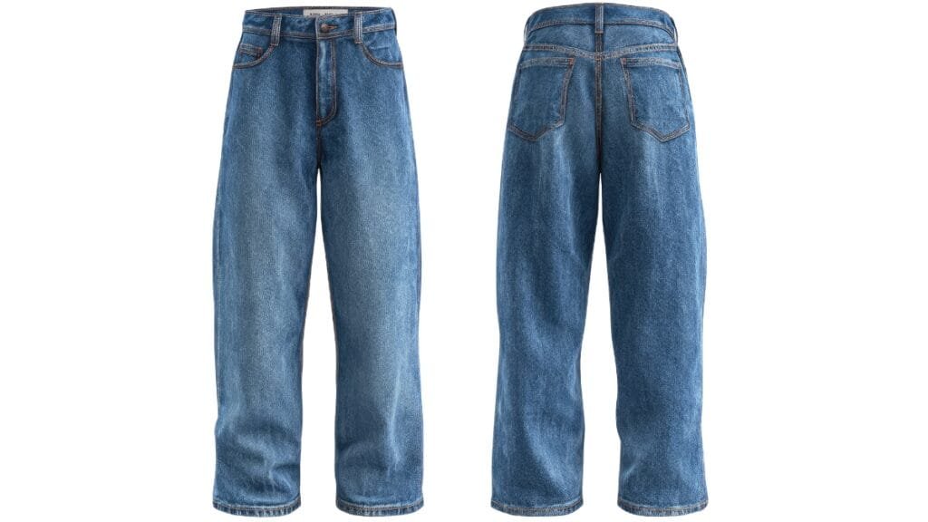 Front and back view of blue baggy cargo jeans, showcasing their relaxed fit and classic design.