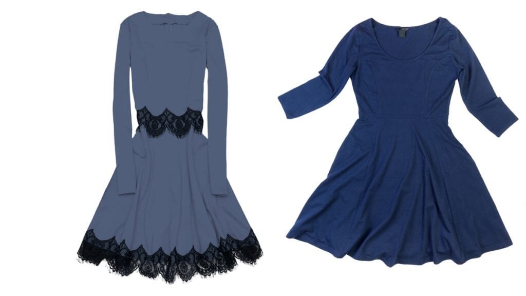 What is a jumper dress? Elegant blue long-sleeve jumper dress with lace detailing