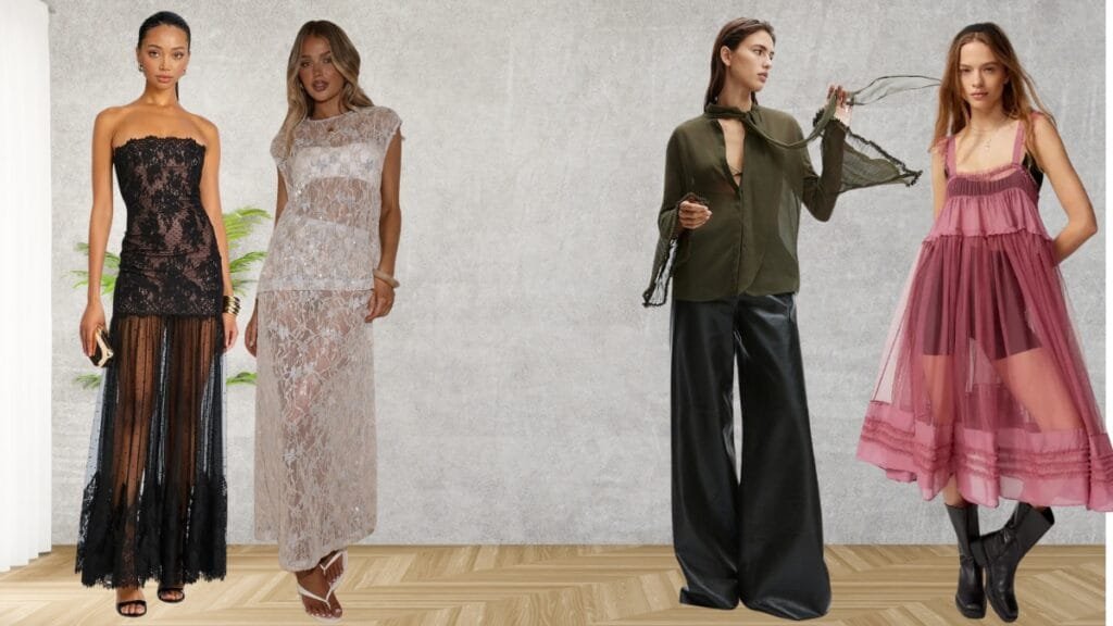 If the image shows a model: "Model wearing a sheer blouse in soft pastel, layered over a camisole, highlighting the fabric's translucence and drape."