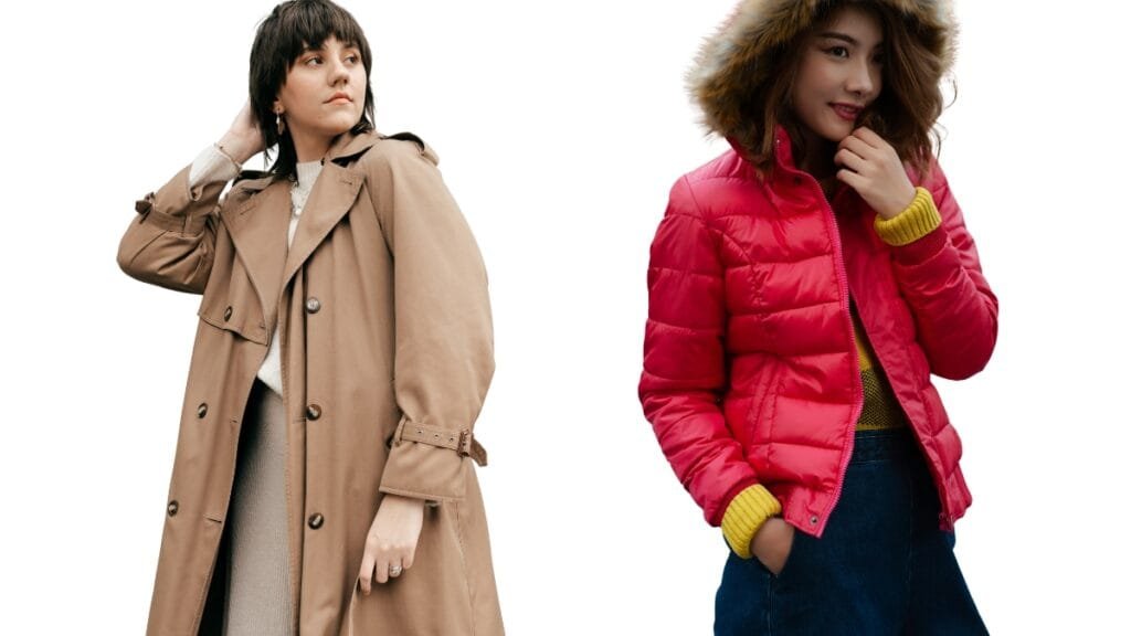 Women wearing a beige trench coat and a red puffer jacket in cold weather