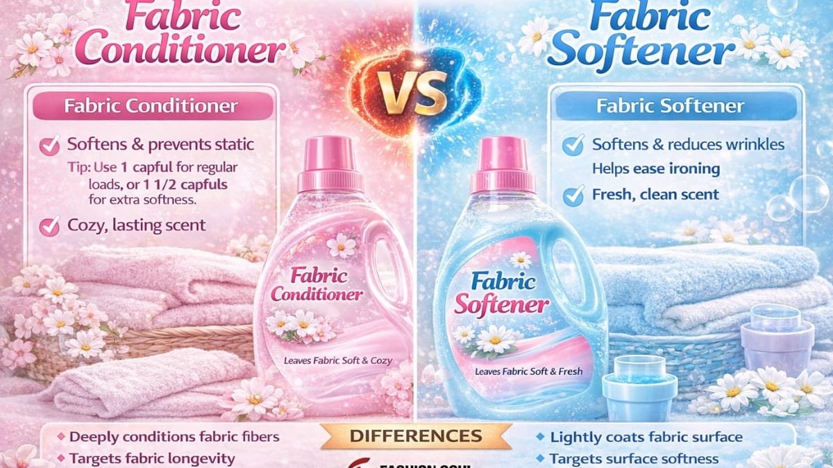 A split product comparison image: on the left, pink-themed Fabric Conditioner bottle with towels and daisies; on the right, blue-themed Fabric Softener bottle with towels and daisies; a “VS” banner in the center; a Differences ribbon at the bottom listing that conditioner deeply conditions fibers and extends longevity, while softener coats the surface and softens it. Alt text (more detailed, for thorough accessibility): A split layout comparing Fabric Conditioner (pink) and Fabric Softener (blue). On the left, a pink bottle labeled “Fabric Conditioner” sits among pink towels and white daisies, with text noting it softens, prevents static, and has a cozy, lasting scent; a tip suggests 1 capful for regular loads or 1.5 capfuls for extra softness. On the right, a blue bottle labeled “Fabric Softener” sits among blue towels and daisies, with text noting it softens and reduces wrinkles, helps ease ironing, and leaves a fresh scent. A central “VS” banner divides the two. At the bottom, a Differences section indicates conditioner deeply conditions fabric fibers and targets longevity, while softener lightly coats the fabric surface and targets surface softness.