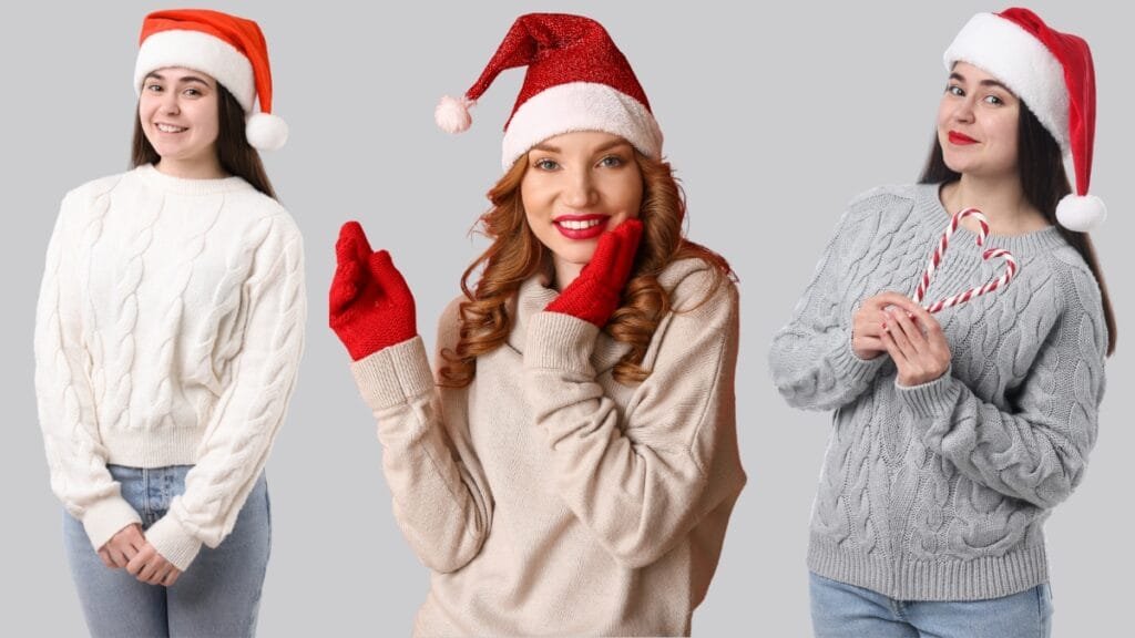 Women wearing cozy sweaters made with festive fabric xmas patterns and Santa hats.