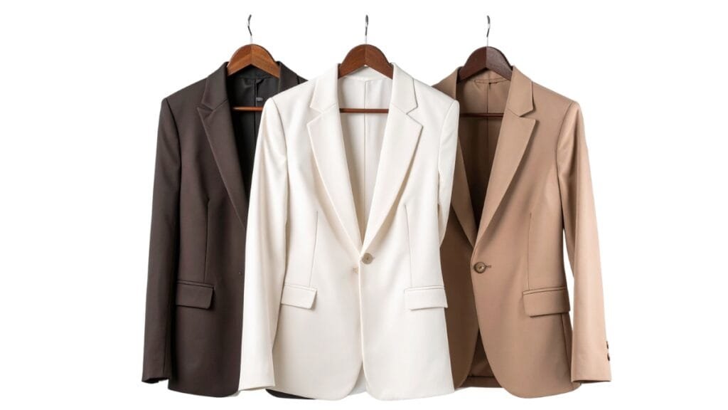 Various blazers hanging on a clothes rack in different neutral colors (brown, white, beige).
