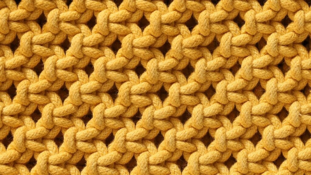 Close-up texture of yellow knit fabric showing detailed knitted stitches pattern.