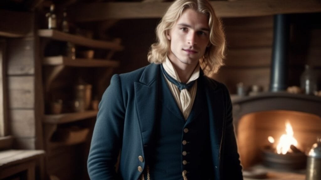 A young man in 19th-century French-inspired clothing, wearing a blue overcoat over a cream shirt and cravat, standing indoors near a lit hearth.