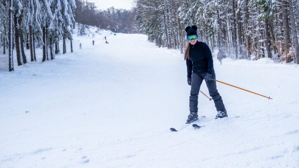 “A skier wearing a dark jacket, ski pants, and a helmet skis downhill on a snowy slope, with tall snow-covered trees lining both sides of the trail and other skiers visible in the distance.