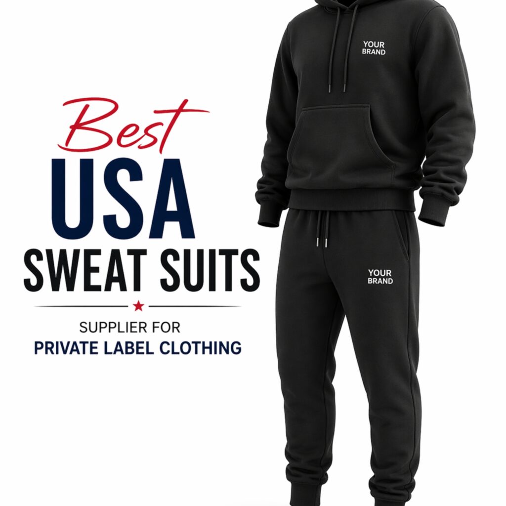 Best USA sweat suits supplier for private label clothing, featuring a model wearing a black tracksuit hoodie and joggers.