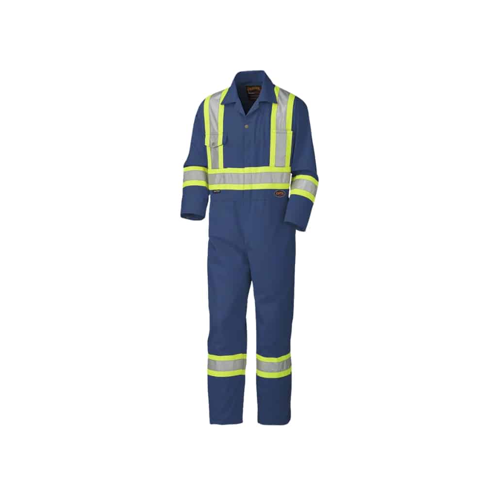 Navy blue work coveralls with bright yellow reflective stripes.
