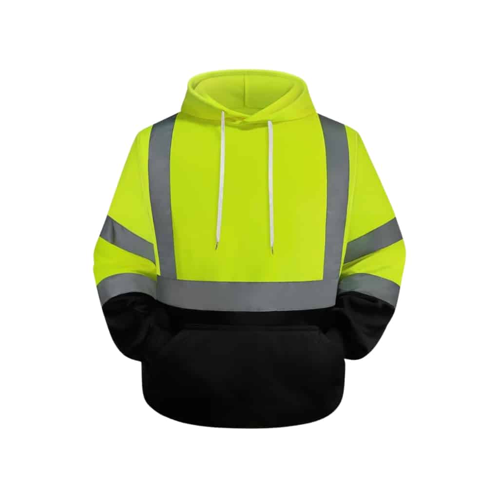 Neon yellow construction hoodie with a gray reflective cross-panel and bands on a white background.