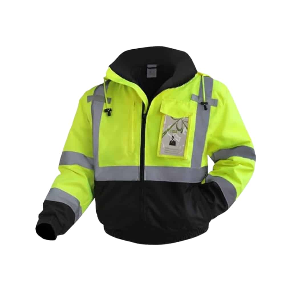 High-visibility construction work jacket in neon yellow and black, with reflective gray stripes.