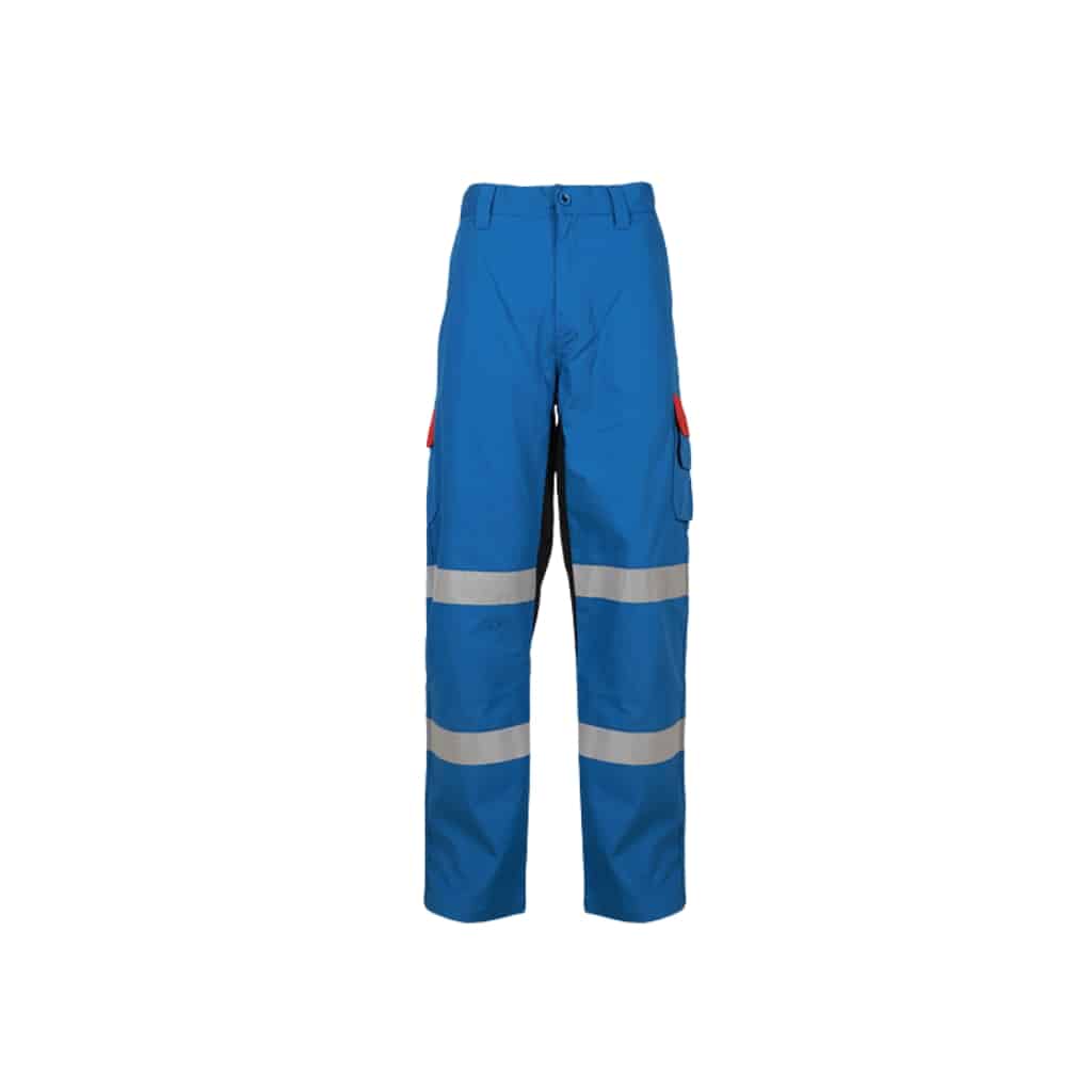 Blue construction work pants with reflective gray striping and cargo pocket panels.