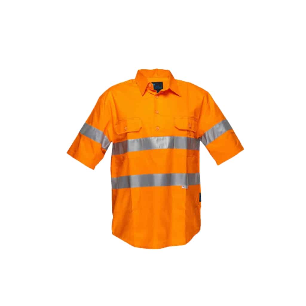 Orange high-visibility work shirt with gray reflective stripes across the chest and sleeves on a white background.