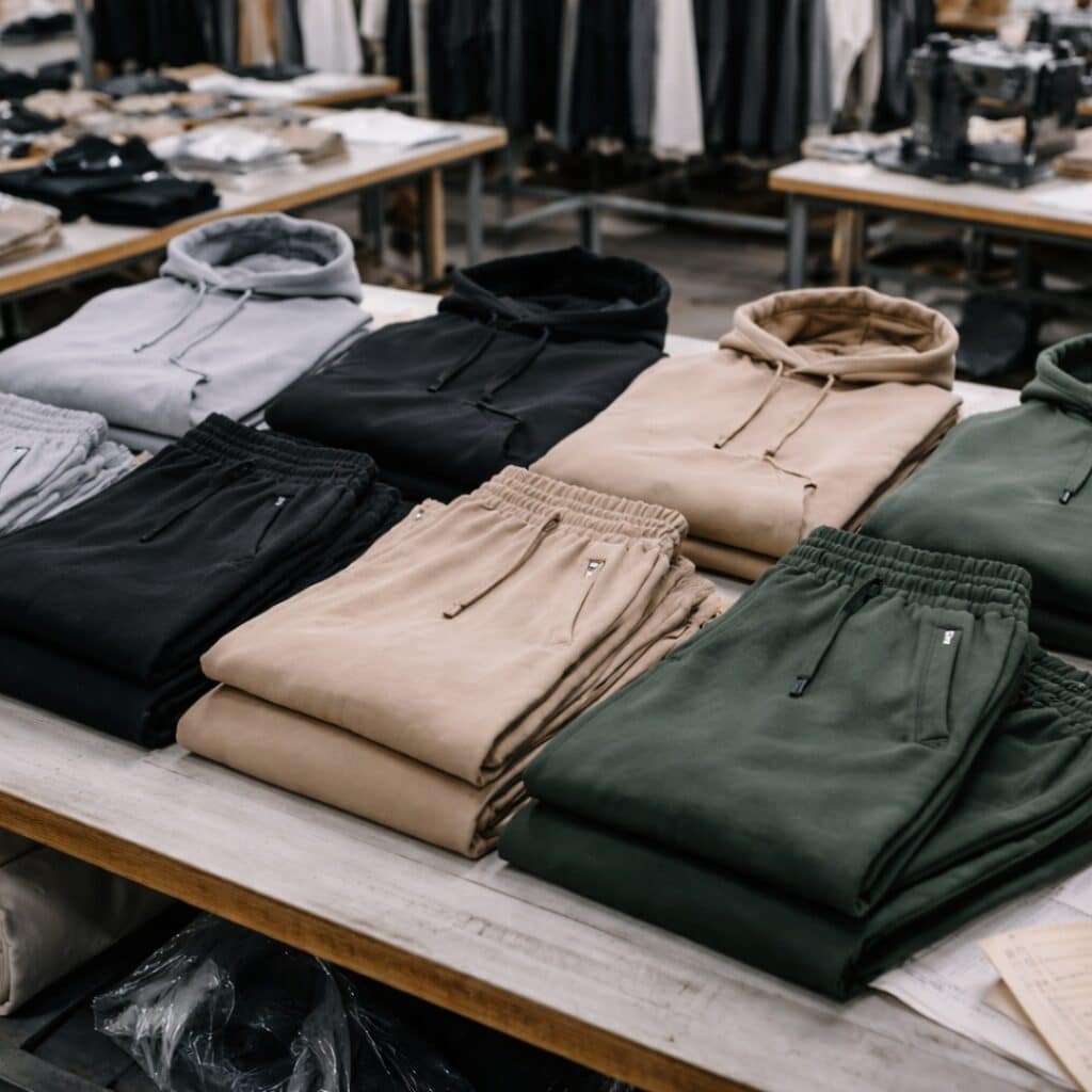 Assorted folded sweatpants and hoodies displayed on a store table.