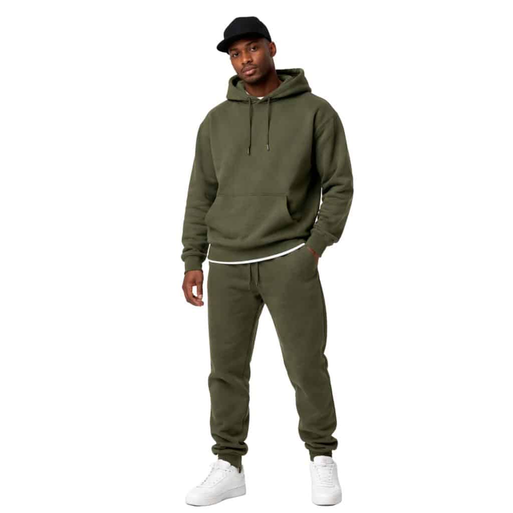 Streetwear manufacturer model wearing an olive green hoodie and matching joggers with white sneakers, posed against a clean white background.