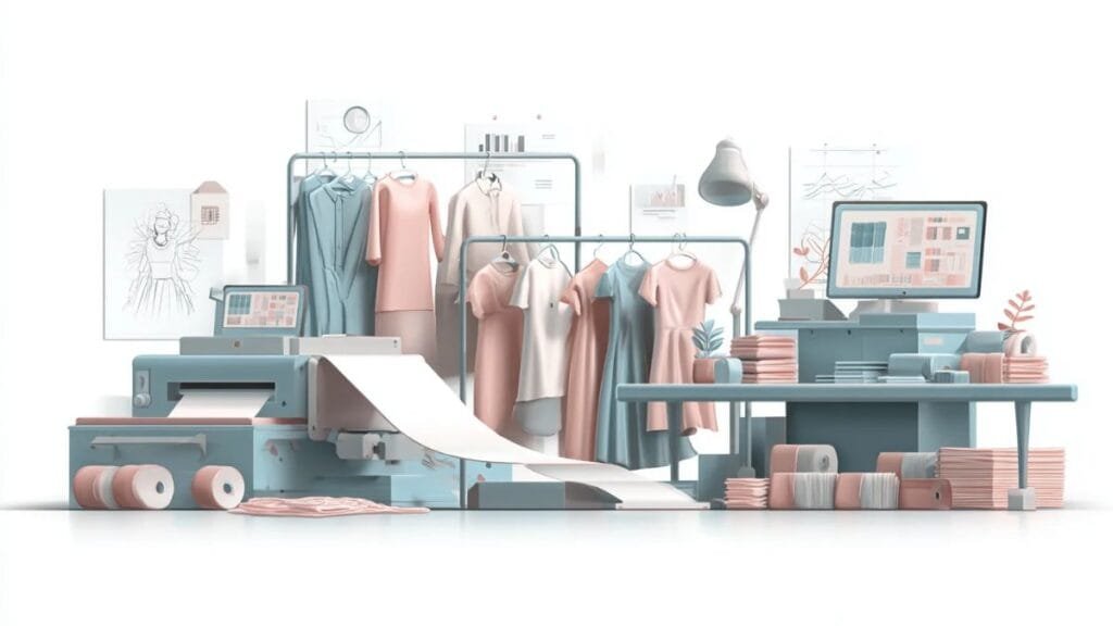 Fashion design studio setup with clothing racks, fabric rolls, printing machine, and computer for garment production.