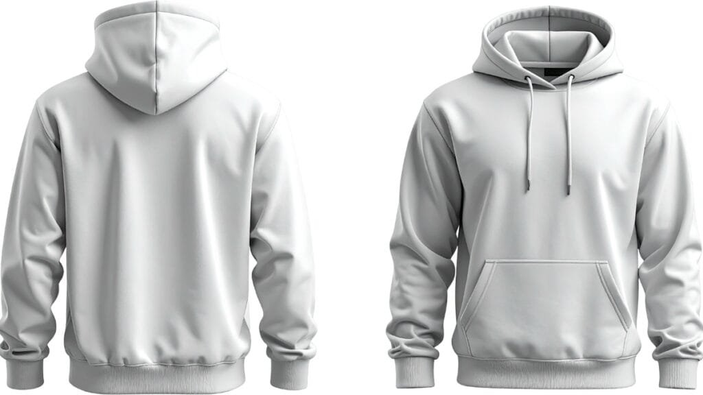 A studio product image showing a light gray pullover hoodie from the back and front views, with a hood, drawstrings, long sleeves, and ribbed cuffs and hem.
