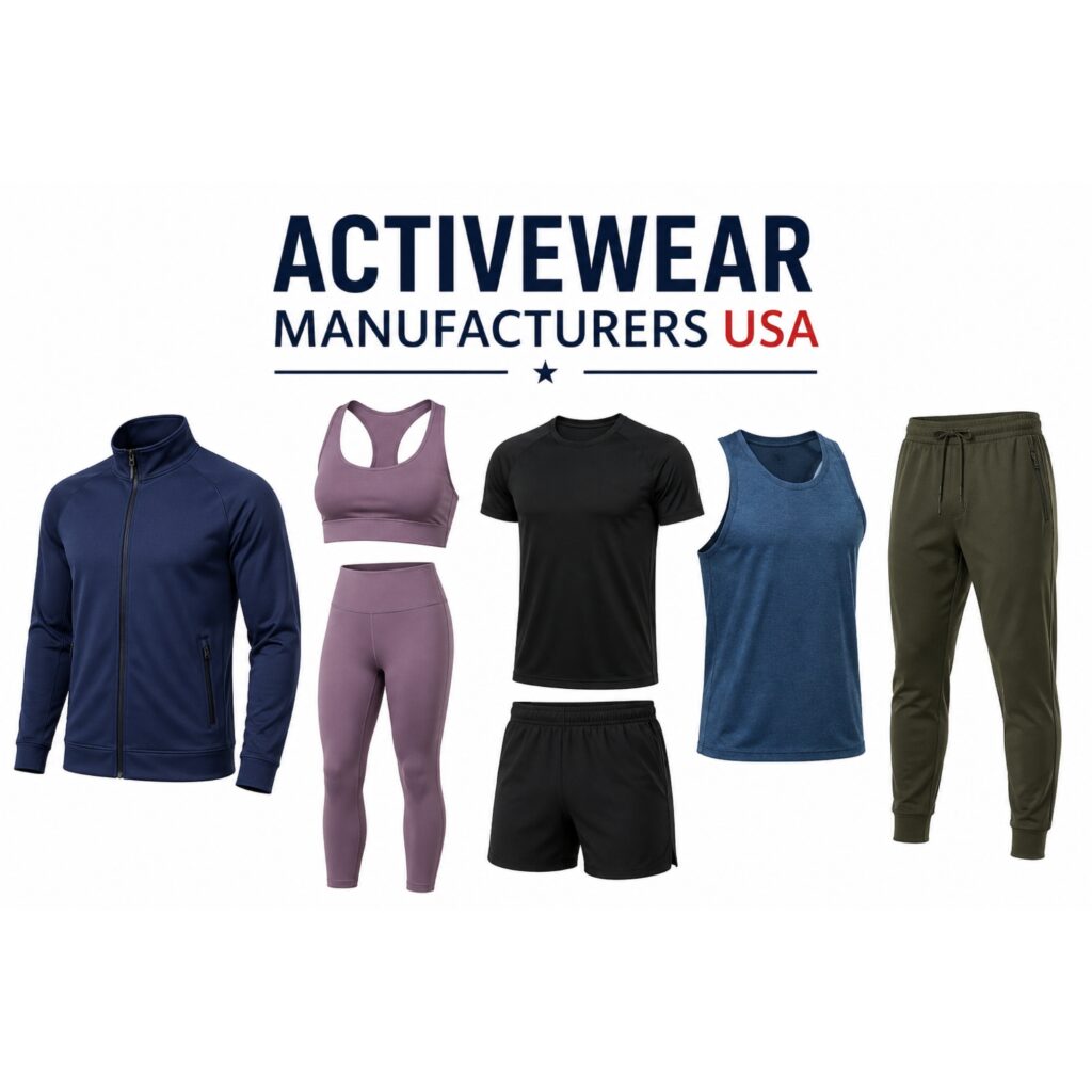 A flat lay of activewear clothing against a white background, including a navy track jacket, lavender sports bra and leggings set, black T-shirt and shorts, blue tank top, and olive sweatpants.