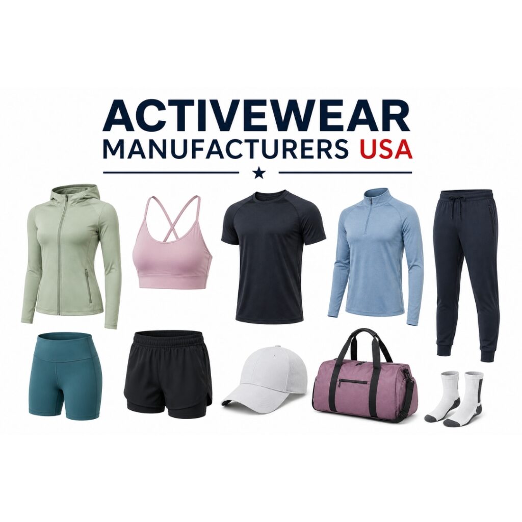 A flat lay of activewear clothing and accessories on a white background, including a green hoodie, pink sports bra, navy T-shirt, blue long-sleeve shirt, dark sweatpants, teal and black shorts, a white cap, a purple duffel bag, and white athletic socks.
