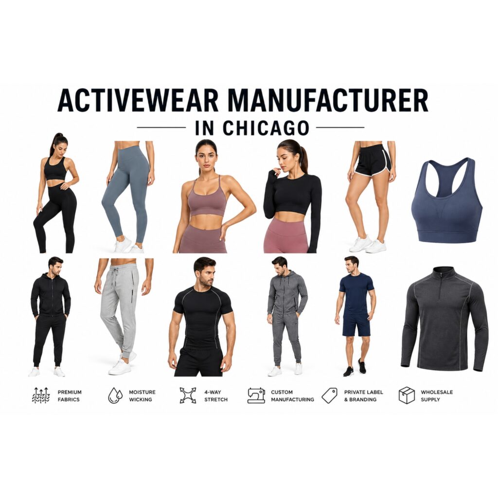 Activewear manufacturer based in Chicago, showcasing men's and women's athletic apparel including leggings, sports bras, shorts, t-shirts, hoodies, and tracksuits against a white background, with icons highlighting premium fabrics, moisture wicking, 4-way stretch, custom manufacturing, private label and branding, and wholesale supply.