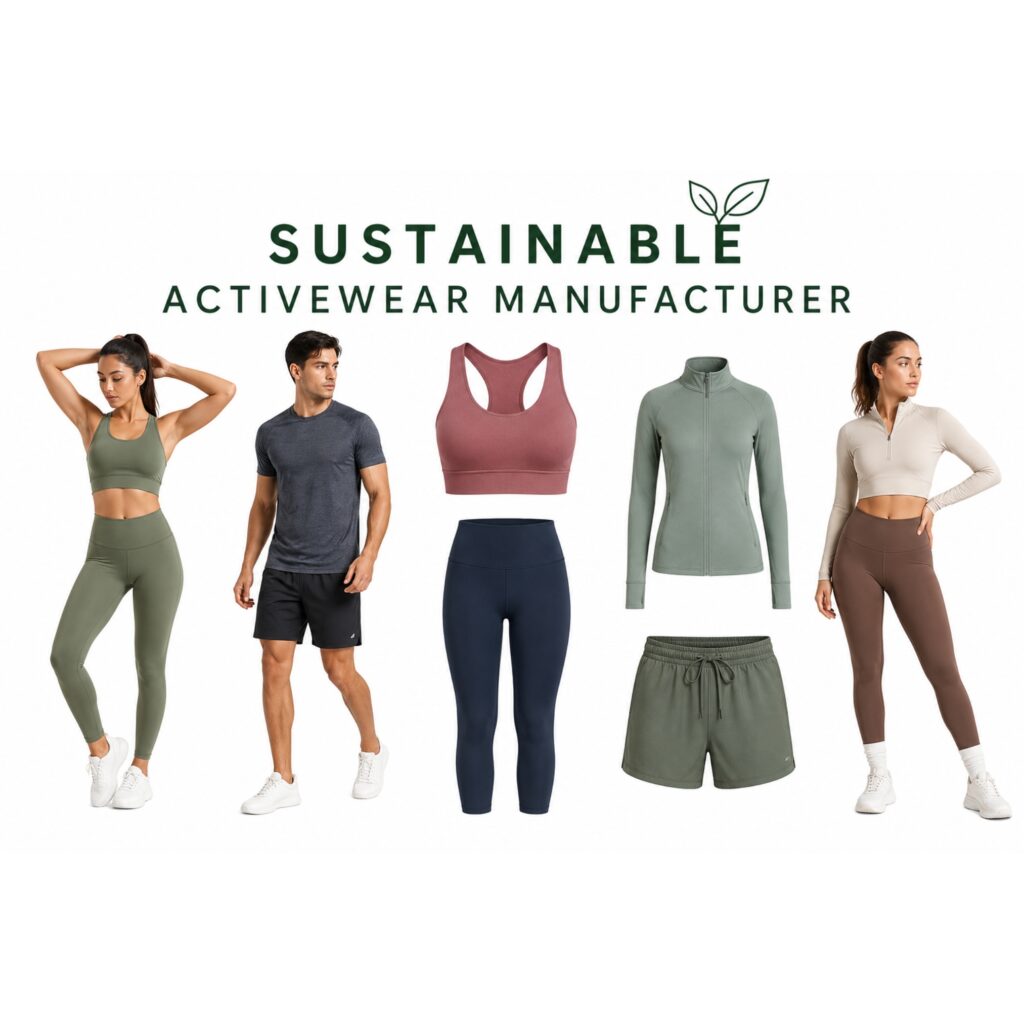 Three-panel activewear ad — two athletic models on either side with a centered flat lay of a sports bra and shorts.