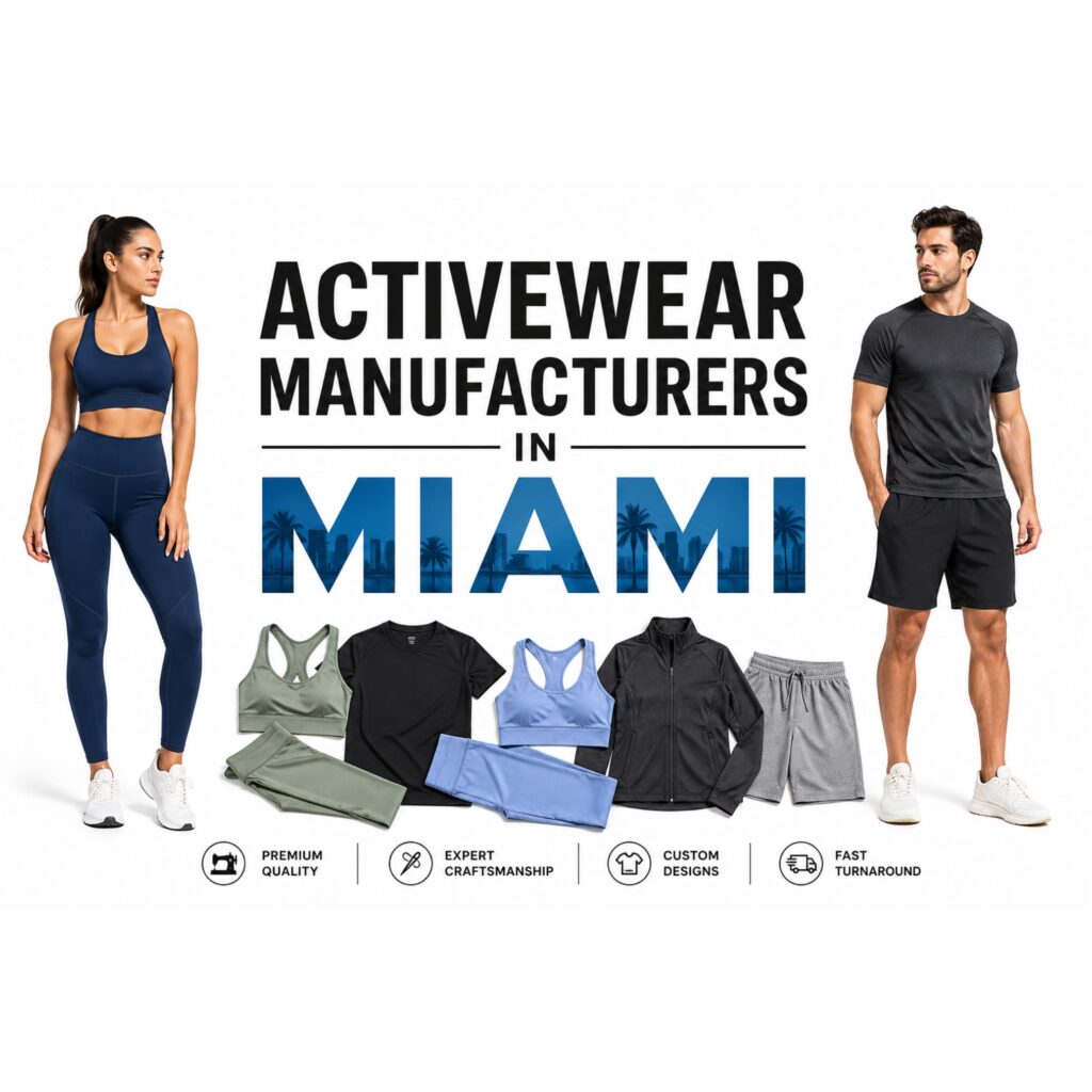 An advertisement for a Miami activewear manufacturer featuring two athletic models and a flat-lay of apparel products including sports bras, leggings, t-shirts, shorts, and a zip-up jacket.
