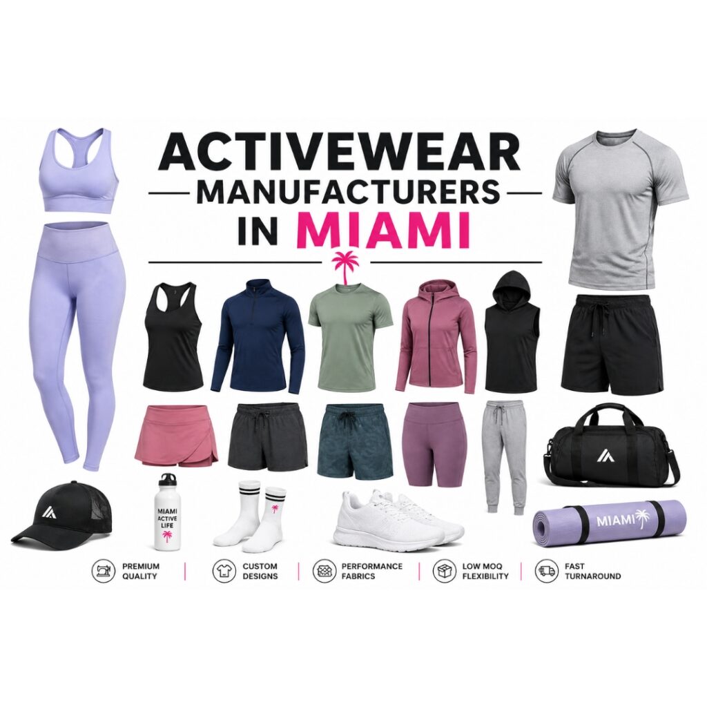 Athletic wear advertisement featuring a grid of sports apparel and accessories including sports bras, leggings, tank tops, jackets, t-shirts, shorts, skirts, sweatpants, socks, sneakers, water bottles, gym bags, yoga mats, and baseball caps on a white background, with feature labels below.