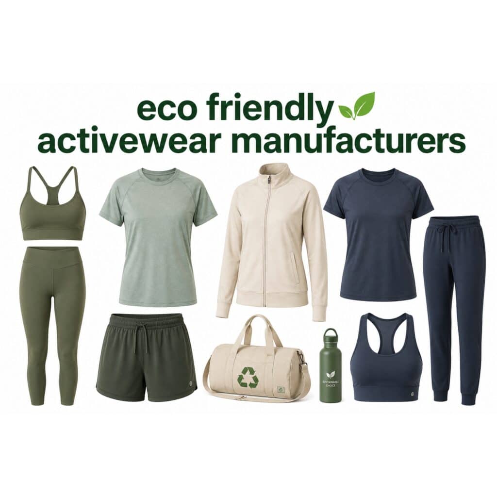 A flat lay of eco-friendly activewear in green, navy, and cream tones, including a sports bra set, shorts, jacket, duffel bag, and water bottle on a white background.