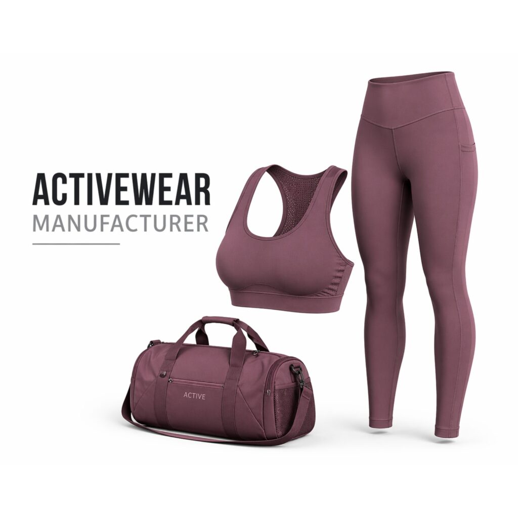 A lifestyle product shot on white background: a muted purple sports bra suspended mid-air, matching high-waisted leggings standing upright on the right, and a coordinated duffel bag resting in the lower left corner.