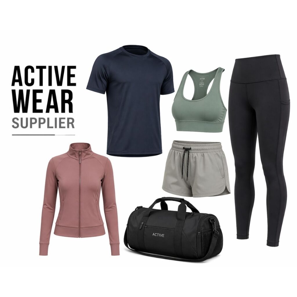 A white-background product shot featuring a navy t-shirt, light green sports bra, light gray shorts, black leggings, mauve zip-up jacket, and a black duffel bag labeled 'ACTIVE'.